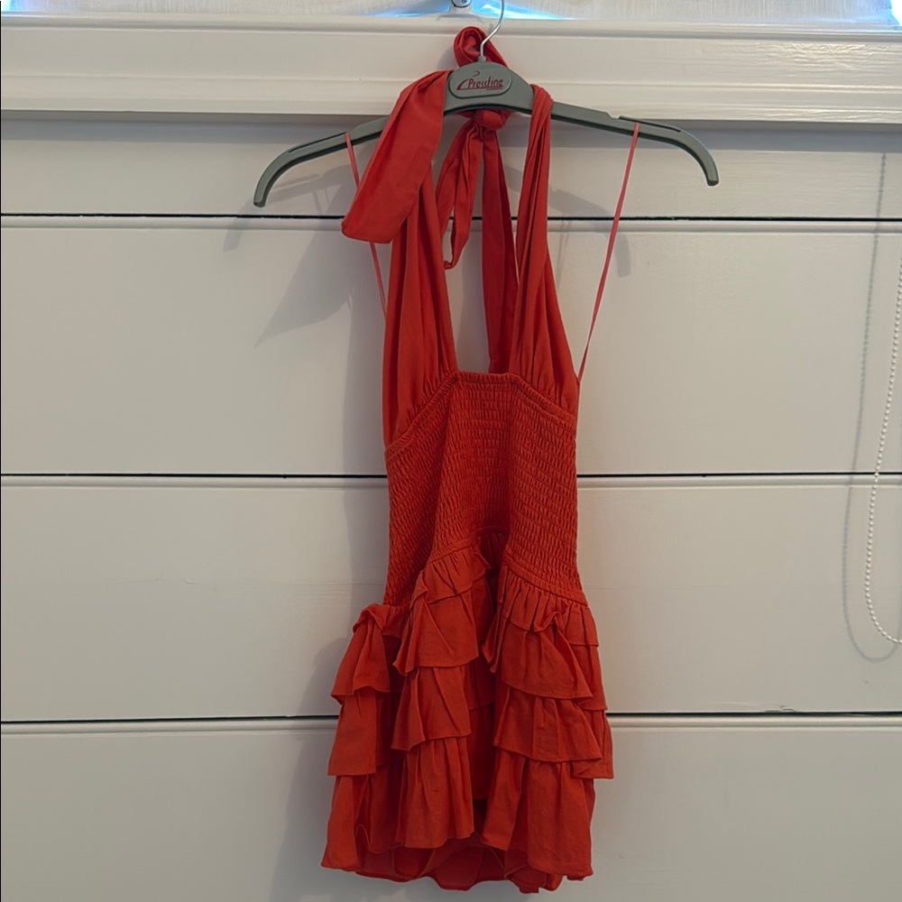 Orange Halter Ruffle Dress